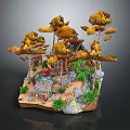 Cartoon Scenic Diorama with Small Cabin Autumn Trees Rocks and Green Plants