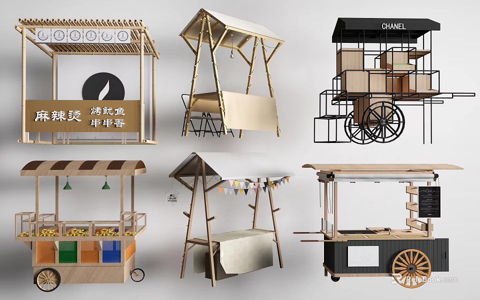 Charming Garden Decorative Pieces With Wooden Carts Canopies And Hanging Flags 3d model 