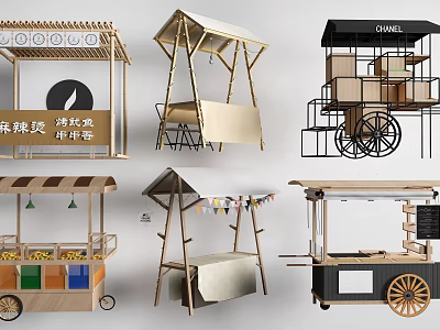 Charming Garden Decorative Pieces With Wooden Carts Canopies And Hanging Flags 3d model