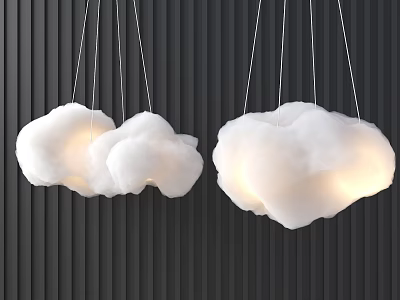 White Cloud Shaped Chandelier with Soft Glow Hanging Against Dark Striped Wall 3d model