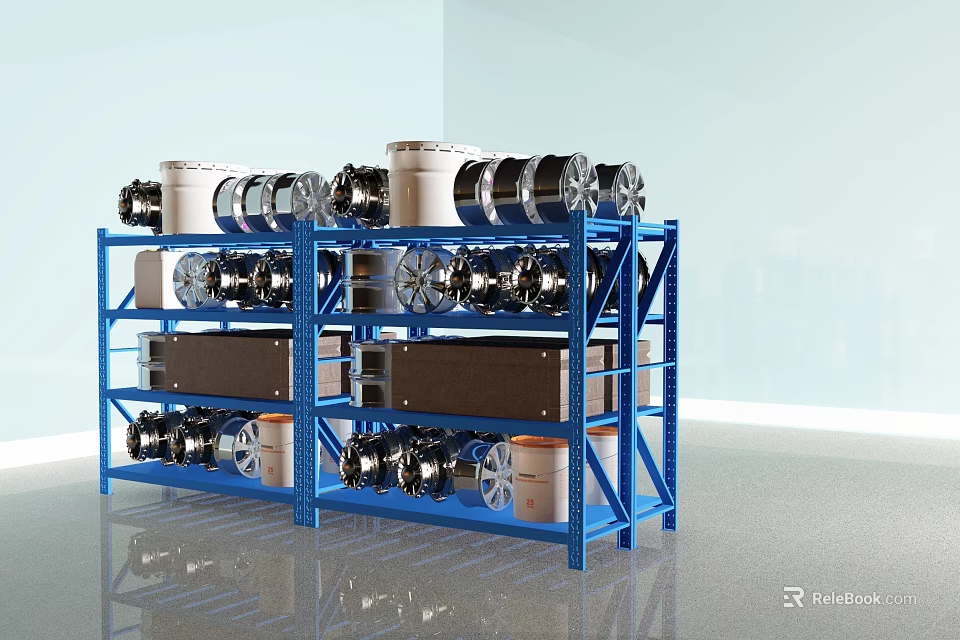 Blue Industrial Storage Shelves with Multiple Tiers Holding Cylindrical Objects and Black Components 3d model 