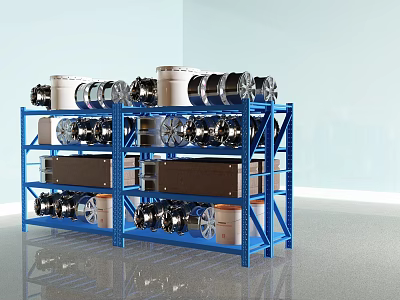Blue Industrial Storage Shelves with Multiple Tiers Holding Cylindrical Objects and Black Components 3d model