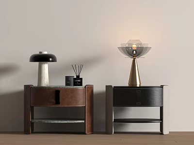 Modern Brown And Black Wooden Bedside Tables With Table Lamps Drawers And Shelves 3d model