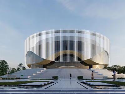 Modern Circular School Building With Glass And Metal Facade Outdoor Plaza And Steps In Front 3d model