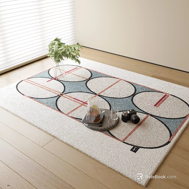 Stylish Square Rug With Circular Patterns Red Blue Lines On Wooden Floor Near Window 3d model 