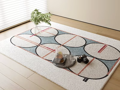Stylish Square Rug With Circular Patterns Red Blue Lines On Wooden Floor Near Window 3d model