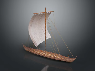 Ancient Wooden Boat Model With White Sail And Detailed Wooden Structure Displayed On Dark Background 3d model