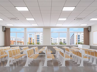 School Classroom Interior With Desks Chairs Large Windows School Buildings And Ceiling Lights 3d model