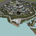 Elegant Modern Hotel Building With Green Landscaping Water Features And Circular Square