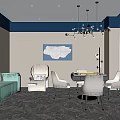 Modern Entertainment Room Interior Design With Gray Sofa Chairs Table Blue Decorative Painting And Chandelier 3d model