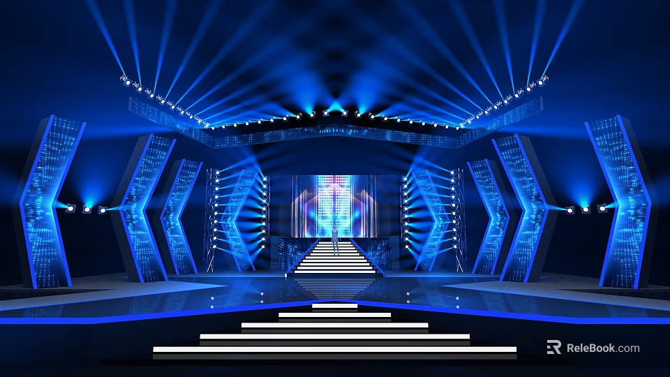 Stunning Stage Design With Blue Lighting Steps And LED Display Screen 3d model 