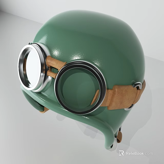Green Motorcycle Helmet Featuring Metallic Frame Goggles And Brown Straps 3d model 