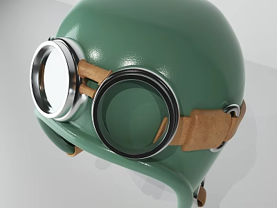 Green Motorcycle Helmet Featuring Metallic Frame Goggles And Brown Straps 3d model