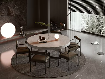 Modern Round Dining Table Set With Four Chairs And Round Rug Floor Lamp Plant 3d model
