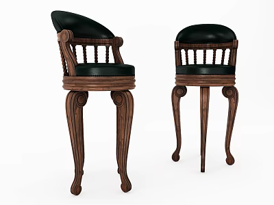 Wooden Bar Stools With Black Leather Seats Railed Backs And Carved Legs 3d model