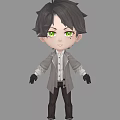 Chibi Boy Character With Green Eyes Dark Short Hair Gray Coat And Black Gloves