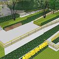 Modern Park Landscape With Curved Steps Yellow Benches Green Lawn And Trees