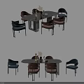 Modern Stylish Dining Table Set With Rectangular Round Tables Brown Black Chairs And Decorative Items 3d model