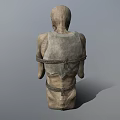 Bound Emaciated Humanoid Character Sitting With Hands Near Mouth In Restrained Posture