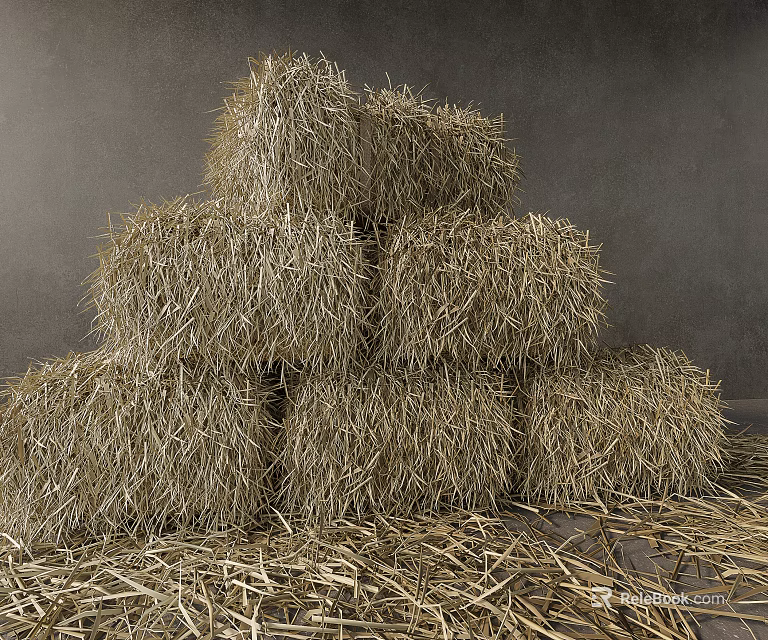 Stacked Dry Hay Bales In Rural Farm Setting With Scattered Straw 3d model 