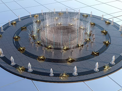 Stunning Circular Fountain With Golden Star Decorations And Transparent Columns On Gray Pavement 3d model