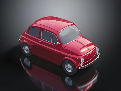 Red Vintage Compact Car With Rounded Design On Shiny Black Reflective Surface 3d model