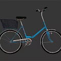 Blue Bicycle with Black Seat Basket and Silver Spokes Wheels on Gray Reflective Surface