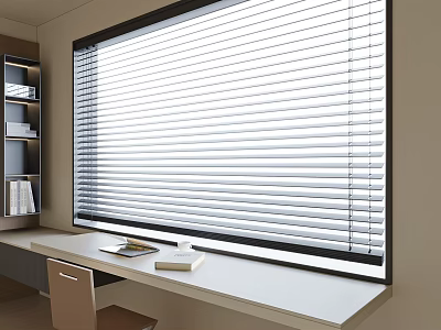 Modern Interior Design With Window Venetian Blinds And Desk Books Workspace 3d model