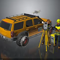 Orange SUV With Roof Rack Near Workers Using Surveying Equipment And Drone