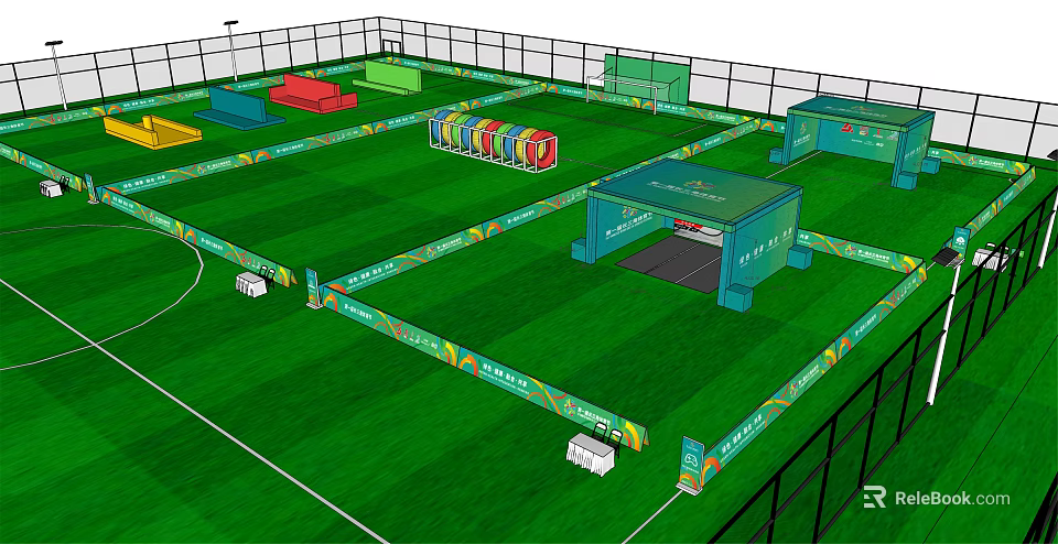 Soccer Field Layout With Green Turf Fenced Surroundings Colorful Seats And Decorative Strips 3d model 