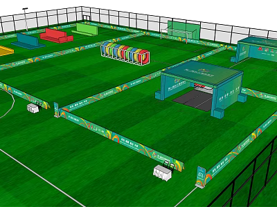 Soccer Field Layout With Green Turf Fenced Surroundings Colorful Seats And Decorative Strips 3d model