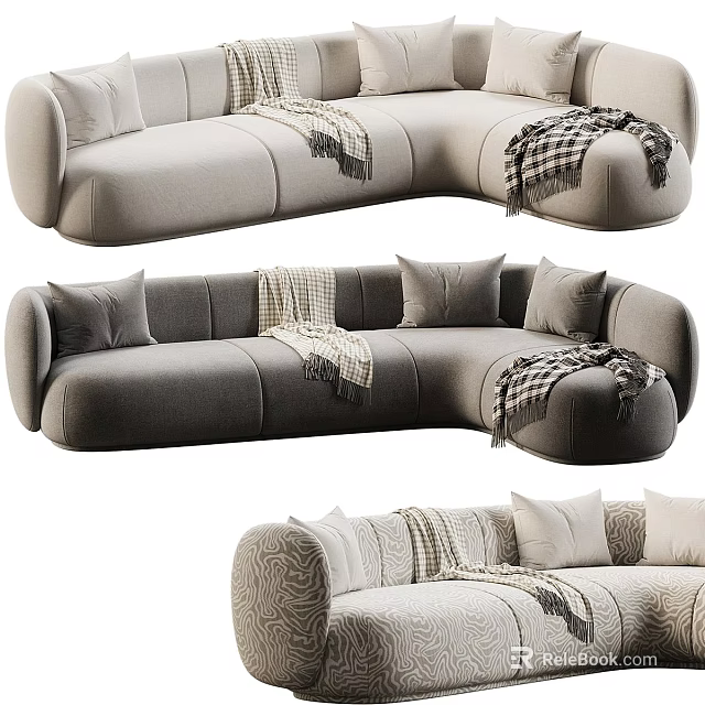 Curved Sectional Sofa in Beige Dark Gray with Textured Design and Pillows Blankets 3d model 