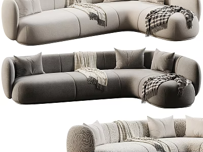 Curved Sectional Sofa in Beige Dark Gray with Textured Design and Pillows Blankets 3d model