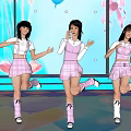 Stage with Three Girls Dancing in Pink Plaid Skirts and Colorful Balloons