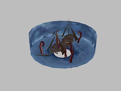 Cartoon Scene With Sailing Ship And Giant Octopus Tentacles In Ocean Waves 3d model