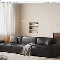 Black Leather Double Sofa With Beige Wall White Curtains And Orange Grey Cushions Throw Blanket