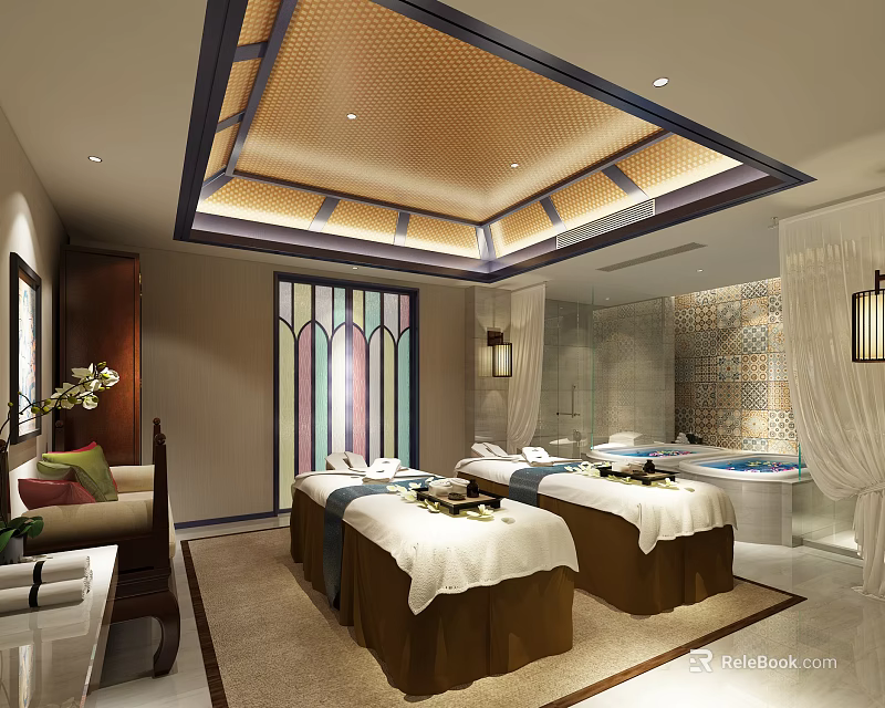 Luxury SPA Sauna Interior Design With Massage Beds Bathtub And Stained Glass Windows 3d model 