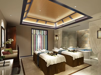 Luxury SPA Sauna Interior Design With Massage Beds Bathtub And Stained Glass Windows 3d model