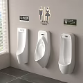 Three White Wall Mounted Urinals In Public Restroom With Window Blinds And Signs