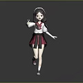 Cute 3D Child Character Wearing School Uniform Pink Black Skirt Waving Hand Peace Sign Gesture