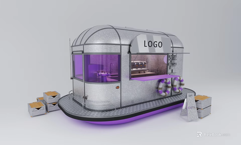 Silver Mobile Coffee Cart With LOGO Purple Lighting Life Rings And Boxes Around 3d model 