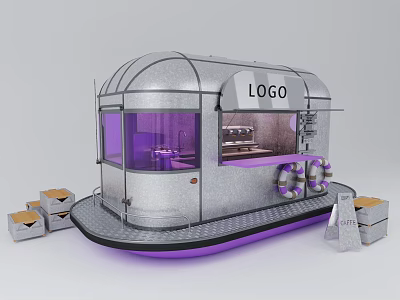 Silver Mobile Coffee Cart With LOGO Purple Lighting Life Rings And Boxes Around 3d model
