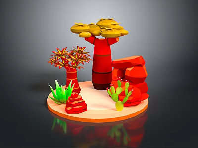 3D Model Plants Scene with Red Trunks Yellow Leaves Green Cacti and Red Rocks 3d model