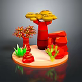 3D Model Plants Scene with Red Trunks Yellow Leaves Green Cacti and Red Rocks