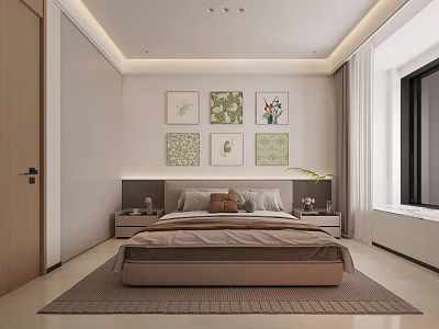 Modern Minimalist Bedroom Interior With Green Wall Art Nightstands Natural Light And Area Rug 3d model