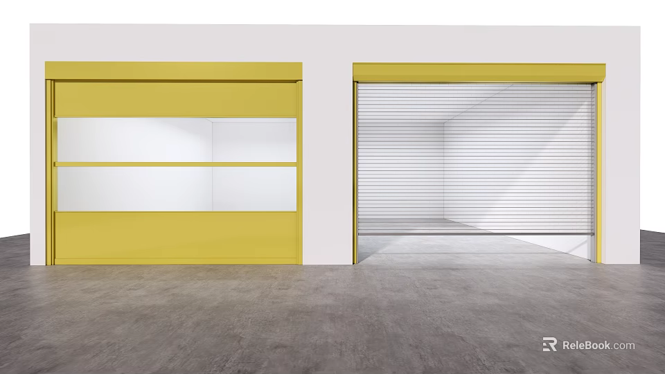 Yellow And White Roller Doors In Industrial Space With Concrete Floor 3d model 