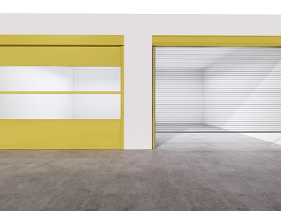 Yellow And White Roller Doors In Industrial Space With Concrete Floor 3d model