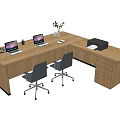 Wooden Reception Desk With Two Laptops Printer Green Plant Magazines And Black Chairs