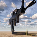 Black Assault Rifle With Tactical Grip And Barrel On Concrete Ground Against Cloudy Sky