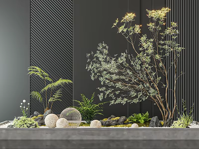 Modern Indoor Garden Decor With Green Plants Stones Spheres And Lighting 3d model